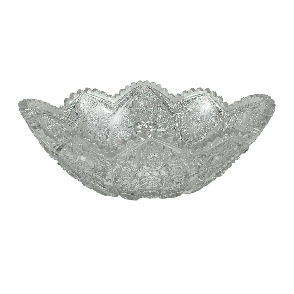 American Brilliant Cut Glass 11" Oblong Deep Cut Crystal Bowl Sawtooth Rim